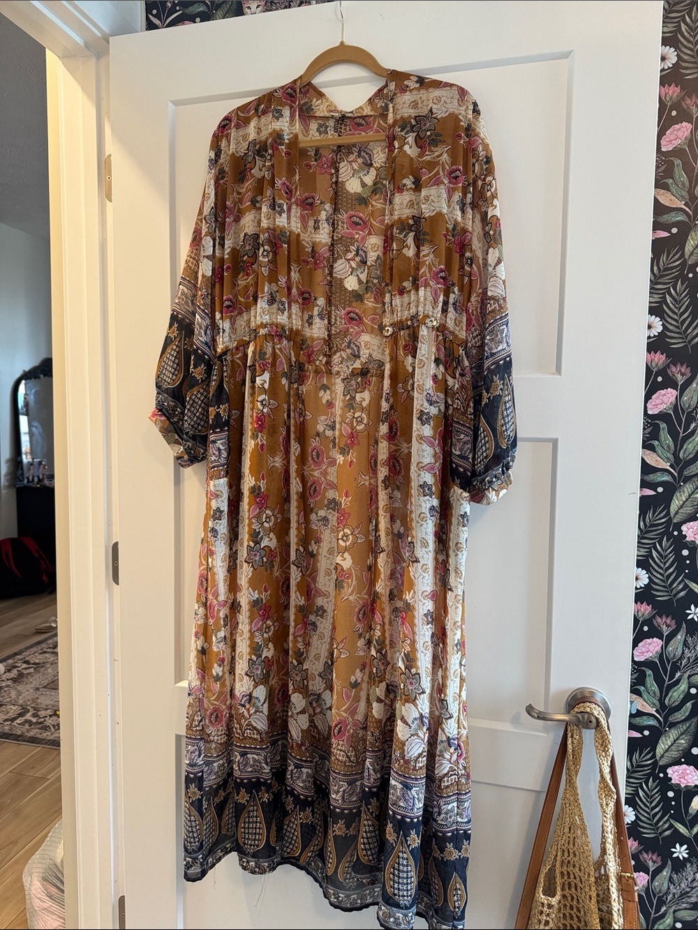 Umgee Mustard Floral Boho Duster with Navy Border